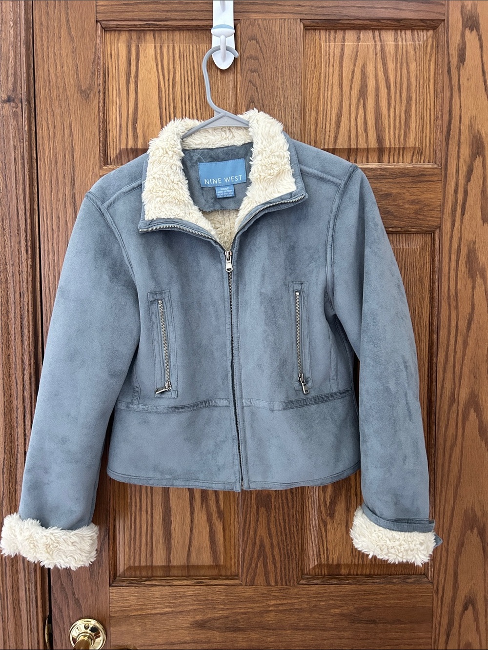 Nine West Light Gray Faux-Suede Teddy Jacket with Cream Sherpa Trim